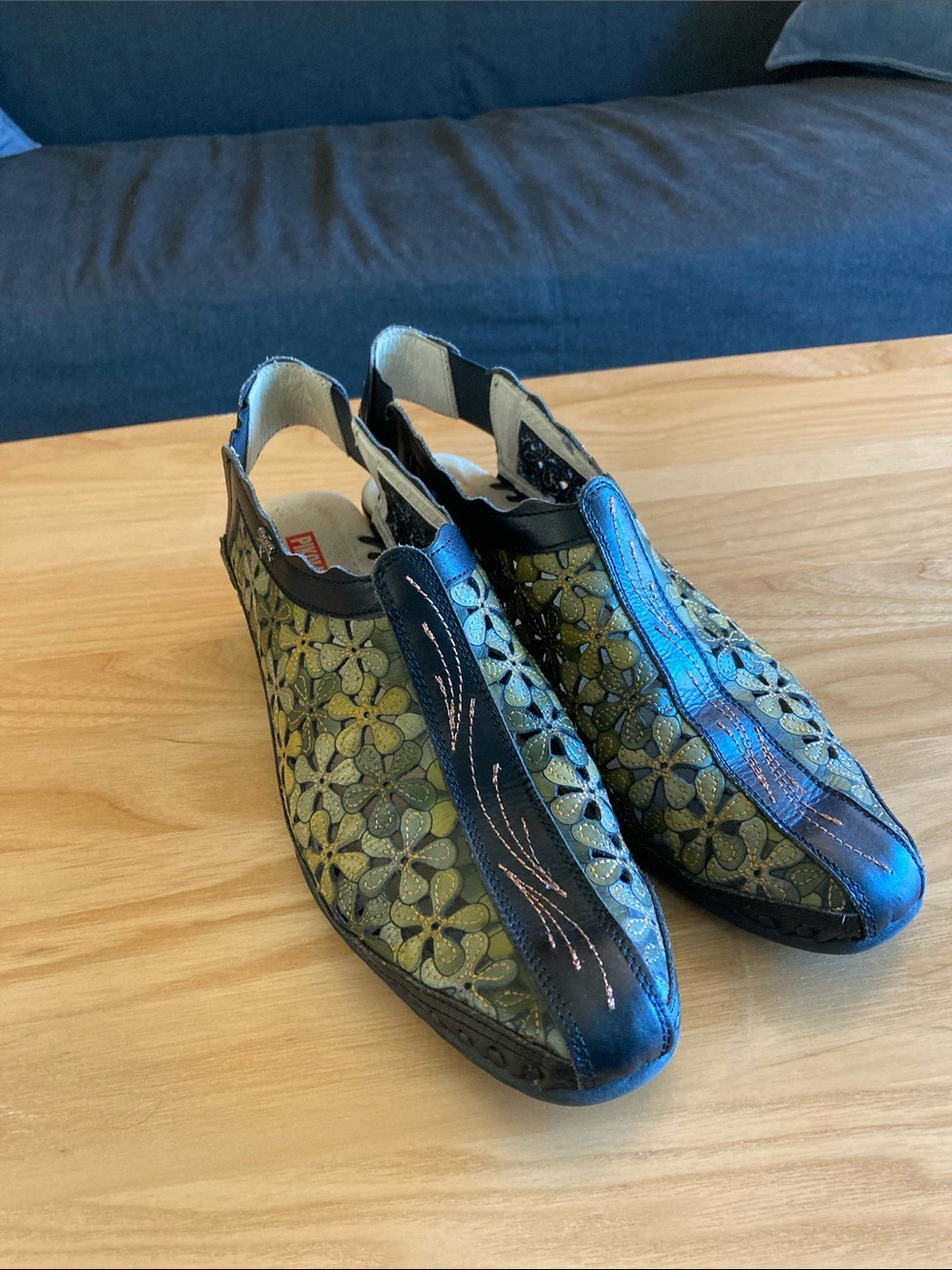 PIKOLINOS genuine leather Olive Green & Black Floral Cutout Slip-On Flats
